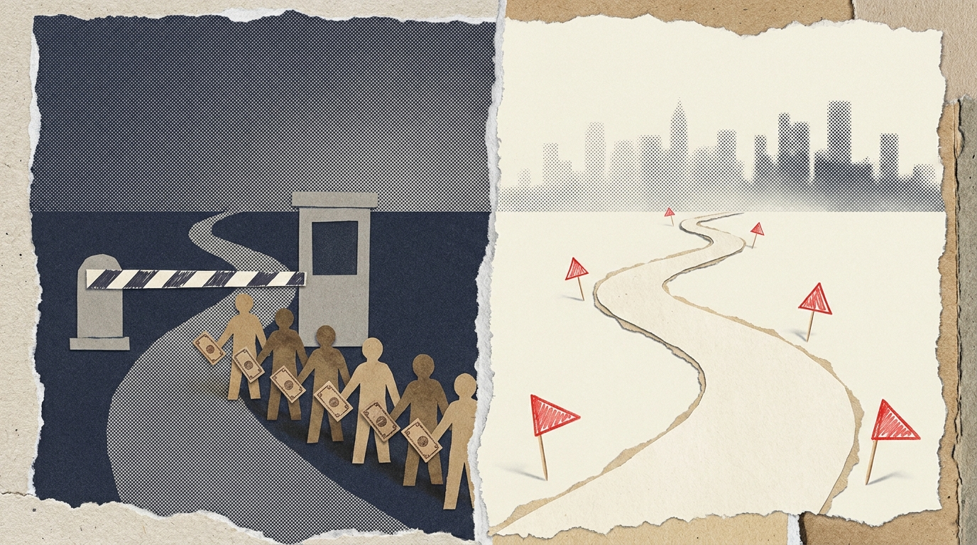 Paper collage split by a torn seam: a toll gate with a queue of figures on one side, an open road with small red warning flags on the other