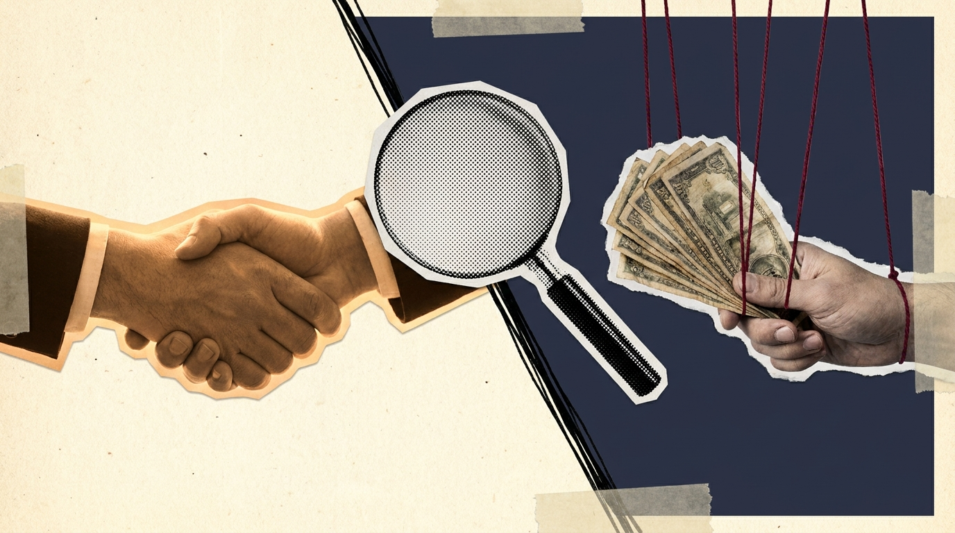 Paper collage: a thick ink line divides a handshake from a hand holding banknotes on marionette strings, a magnifying glass over the line