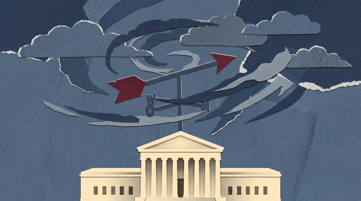 Paper collage: a neoclassical building stands unmoved beneath a churning paper sky with a spinning weather vane