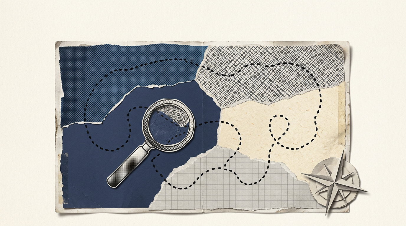 Paper collage: a map of five differently textured territories joined by dotted paths, with a compass rose and a magnifying glass