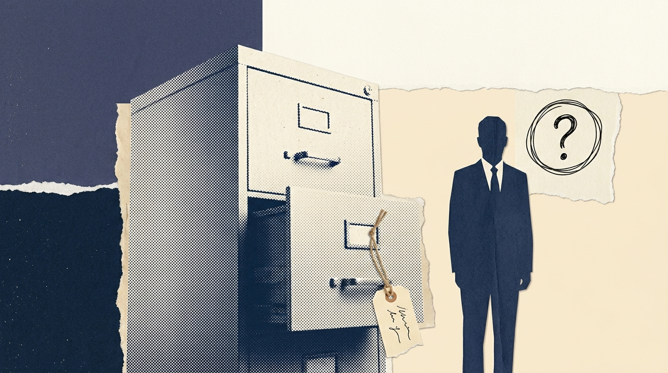 Paper collage: a towering filing cabinet with one tiny price tag, beside an unpriced dark silhouette with a question circle