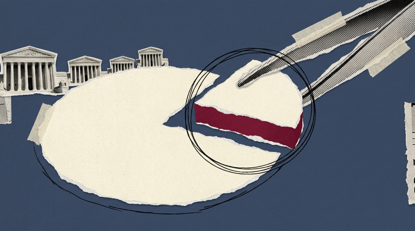 Paper collage: tweezers lift one quarter slice out of a paper pie chart, circled in ink, before a skyline of small columned buildings