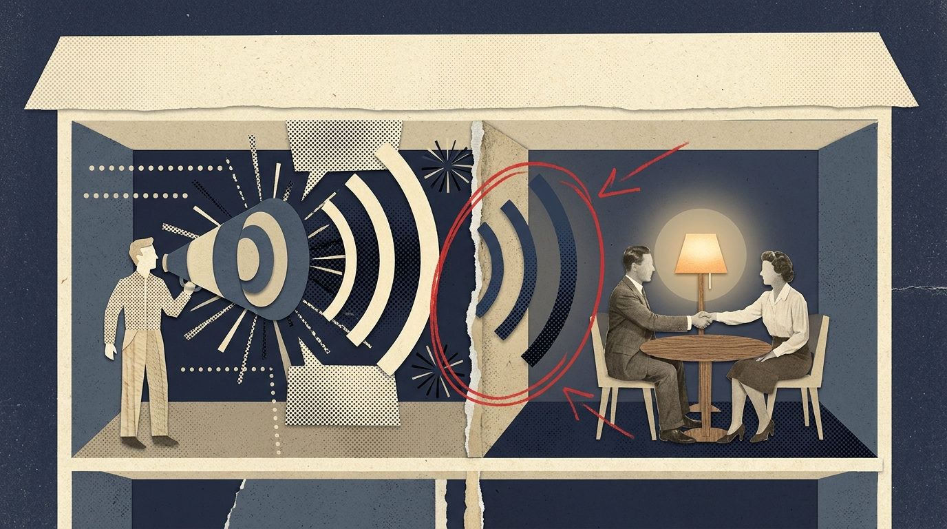 Paper collage cross-section of two meeting rooms sharing a wall: a megaphone announcement in one room leaks through the torn wall into a quiet handshake meeting next door