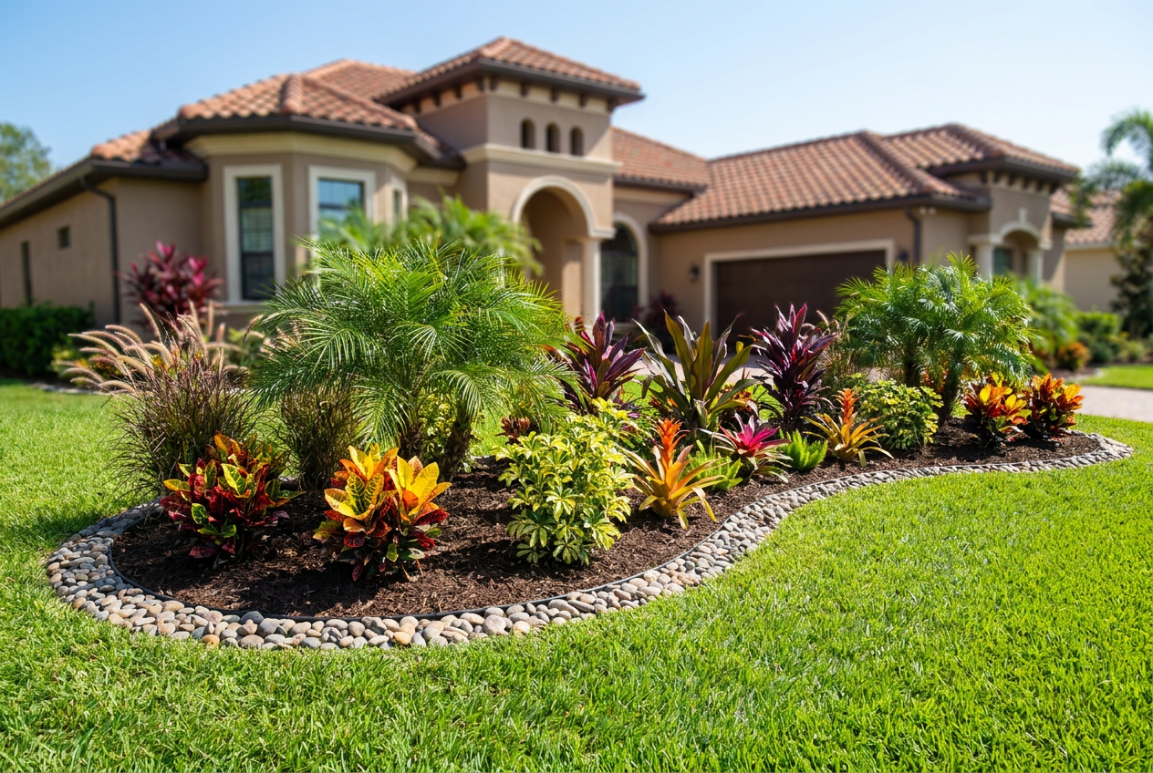 High-end Tampa landscape design installation with tropical plants and river rock border