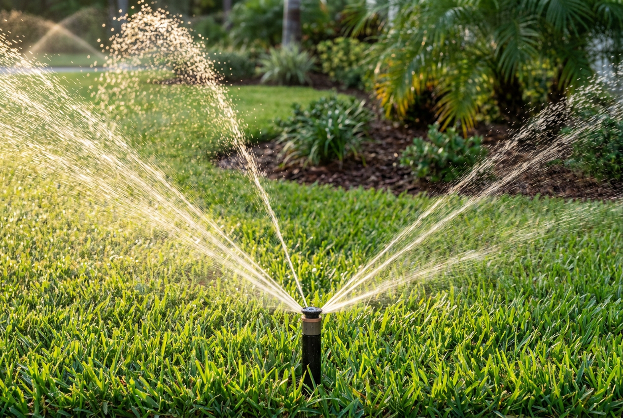 Sprinkler system spraying water over a lush green Tampa lawn during irrigation service