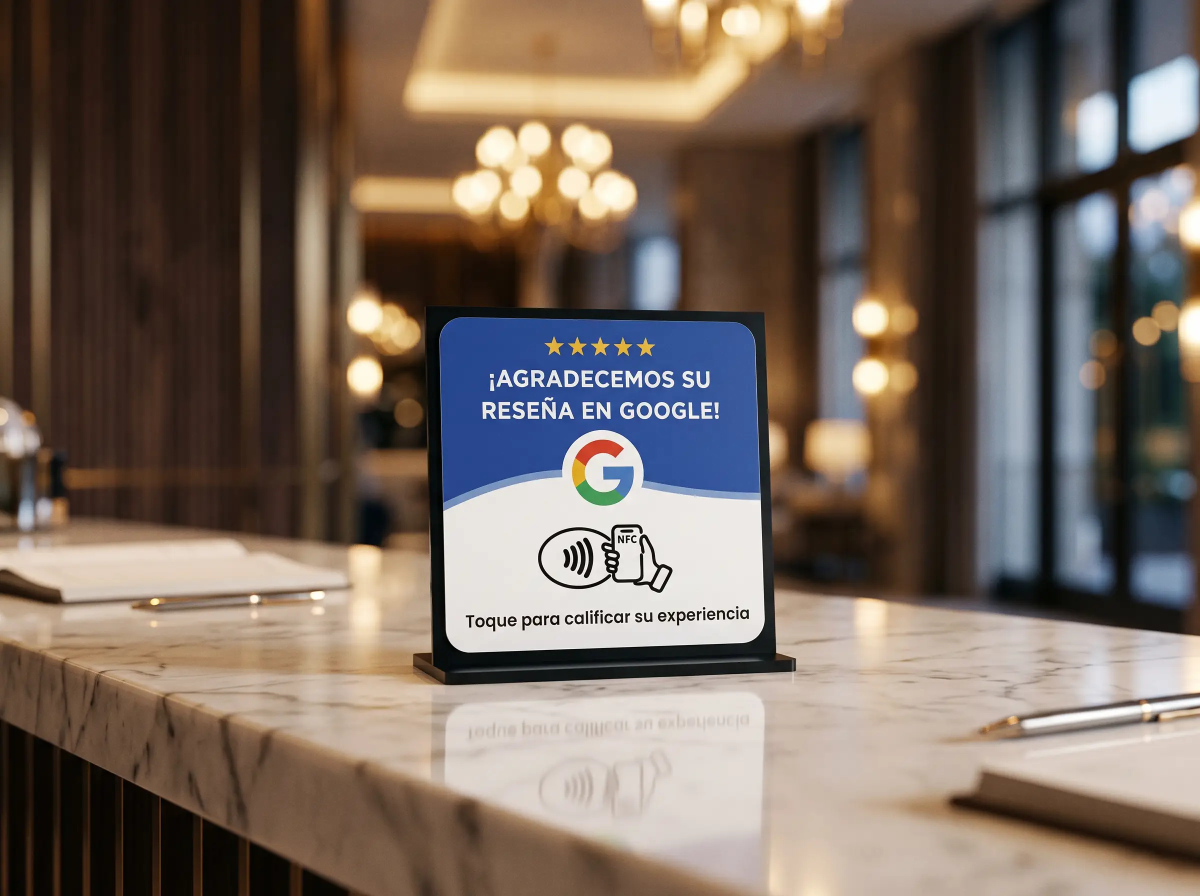Tarjeta NFC de reseñas de Google de Prestiqo sobre el mostrador de mármol de un hotel