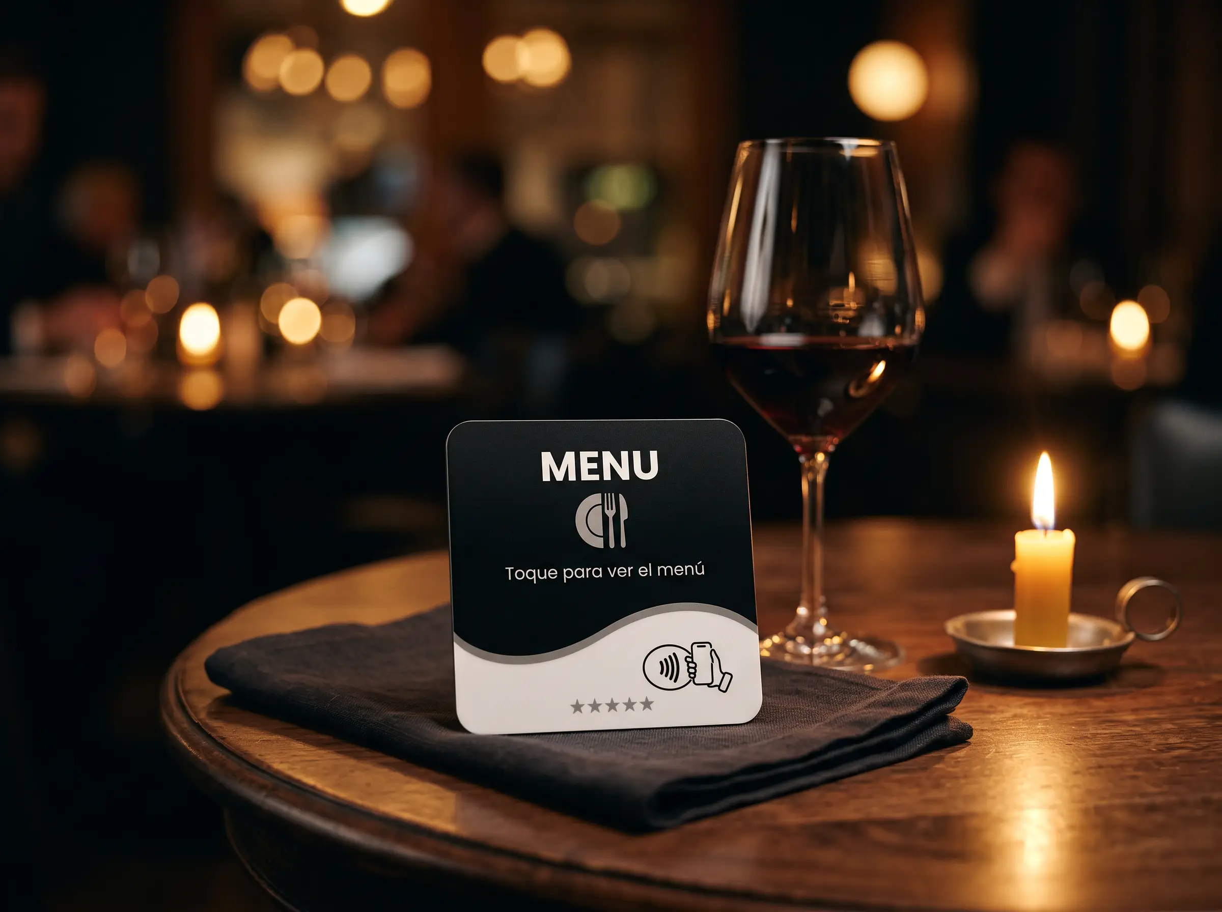 Placa de menú NFC de Prestiqo sobre una servilleta en una mesa de restaurante a la luz de las velas