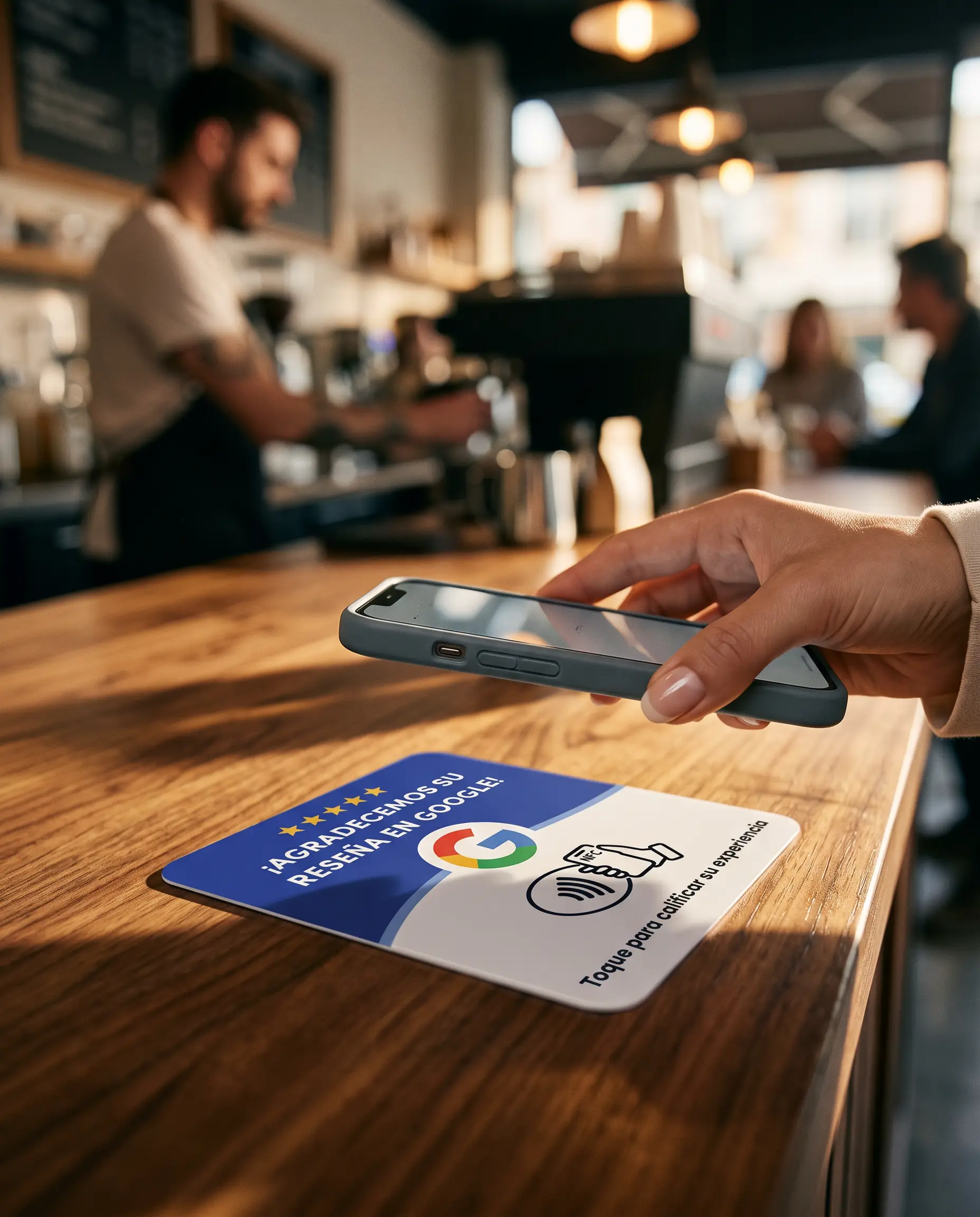 Cliente acercando su teléfono a la tarjeta NFC sobre la barra de un café