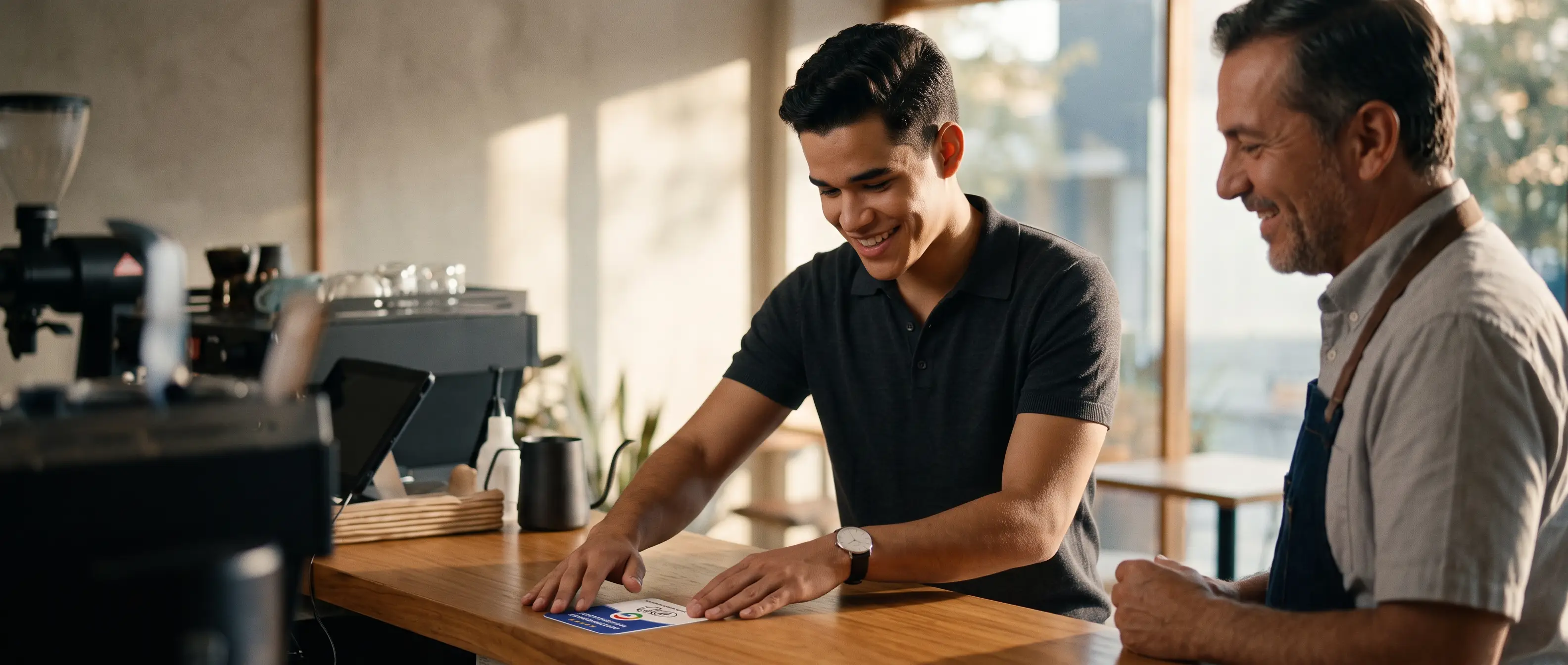 Fundador de Prestiqo instalando personalmente una tarjeta NFC en el mostrador de un café