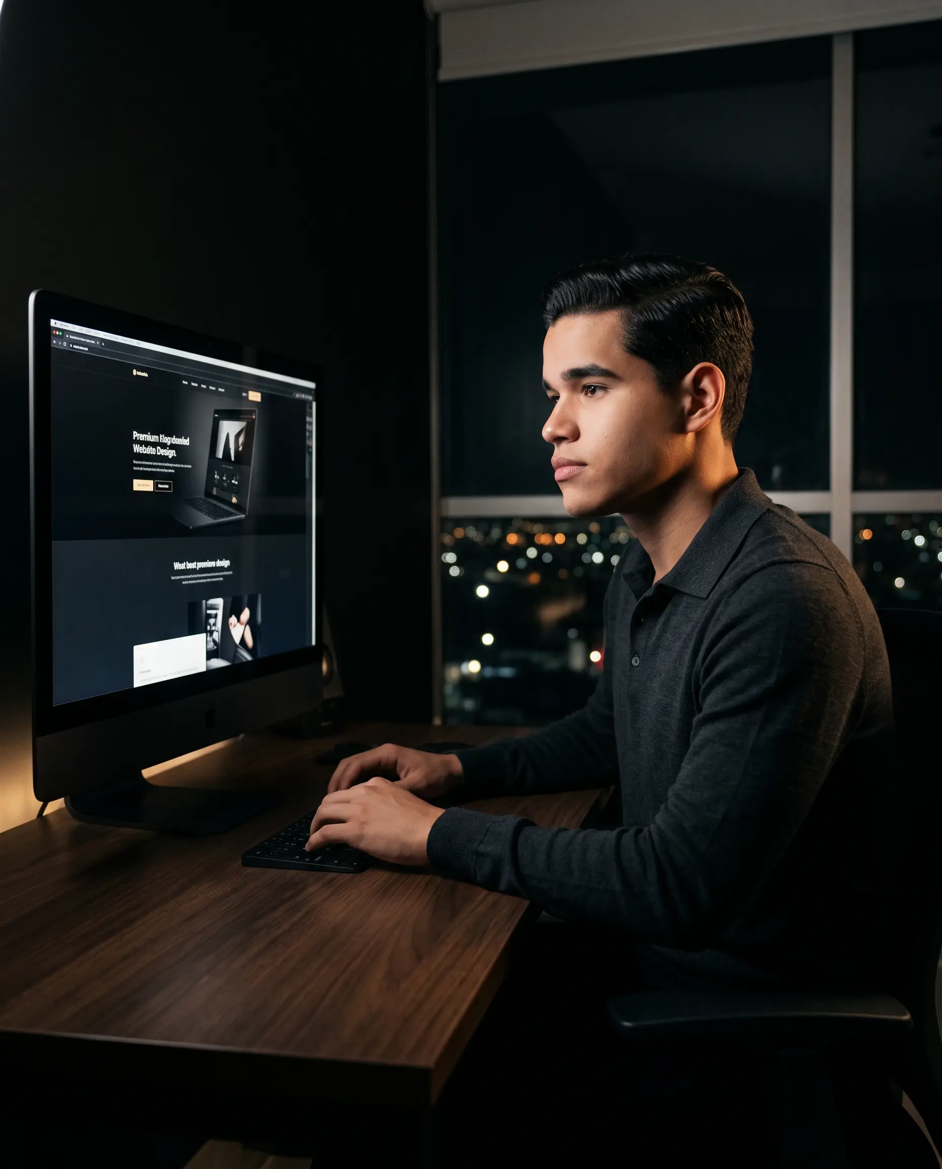 Fundador de Prestiqo diseñando de madrugada un sitio web premium a la medida