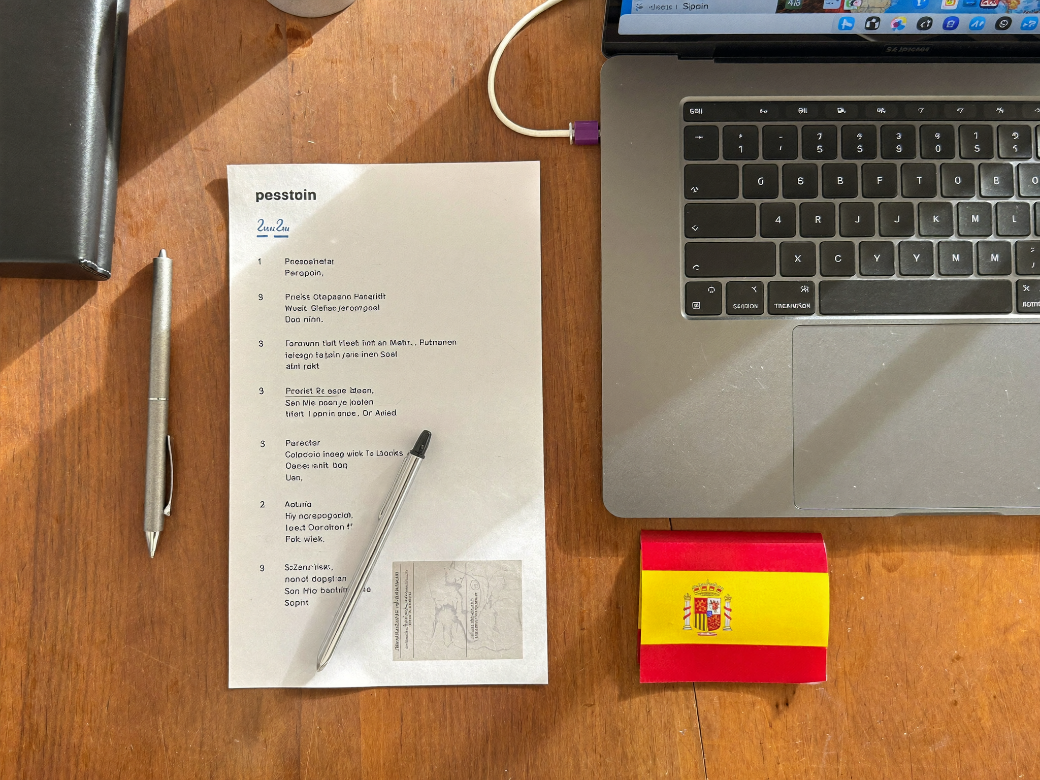 Checklist de documentos, pasaporte y bandera de España organizados sobre un escritorio