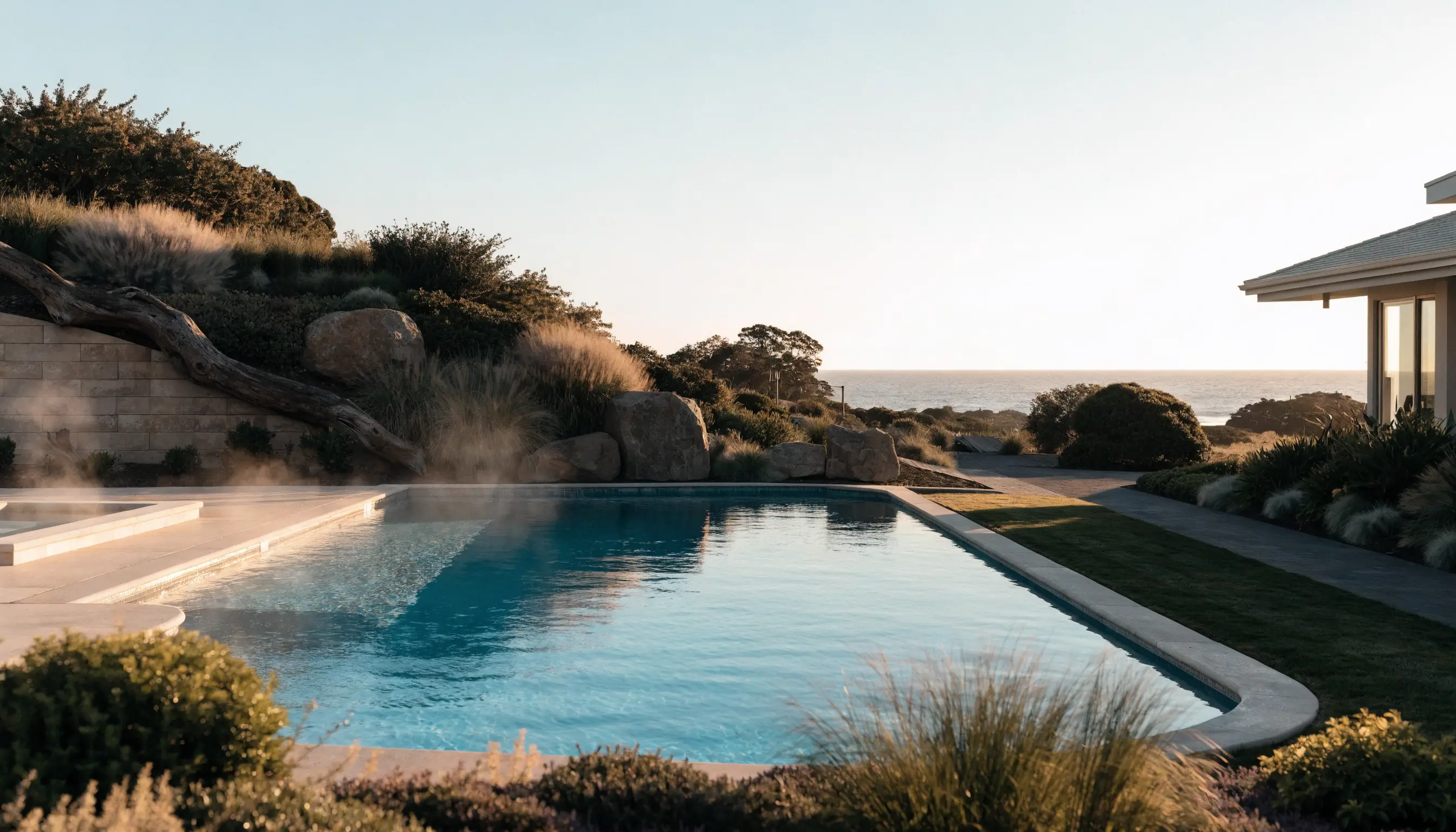 A pristine backyard swimming pool at golden hour on the Mornington Peninsula