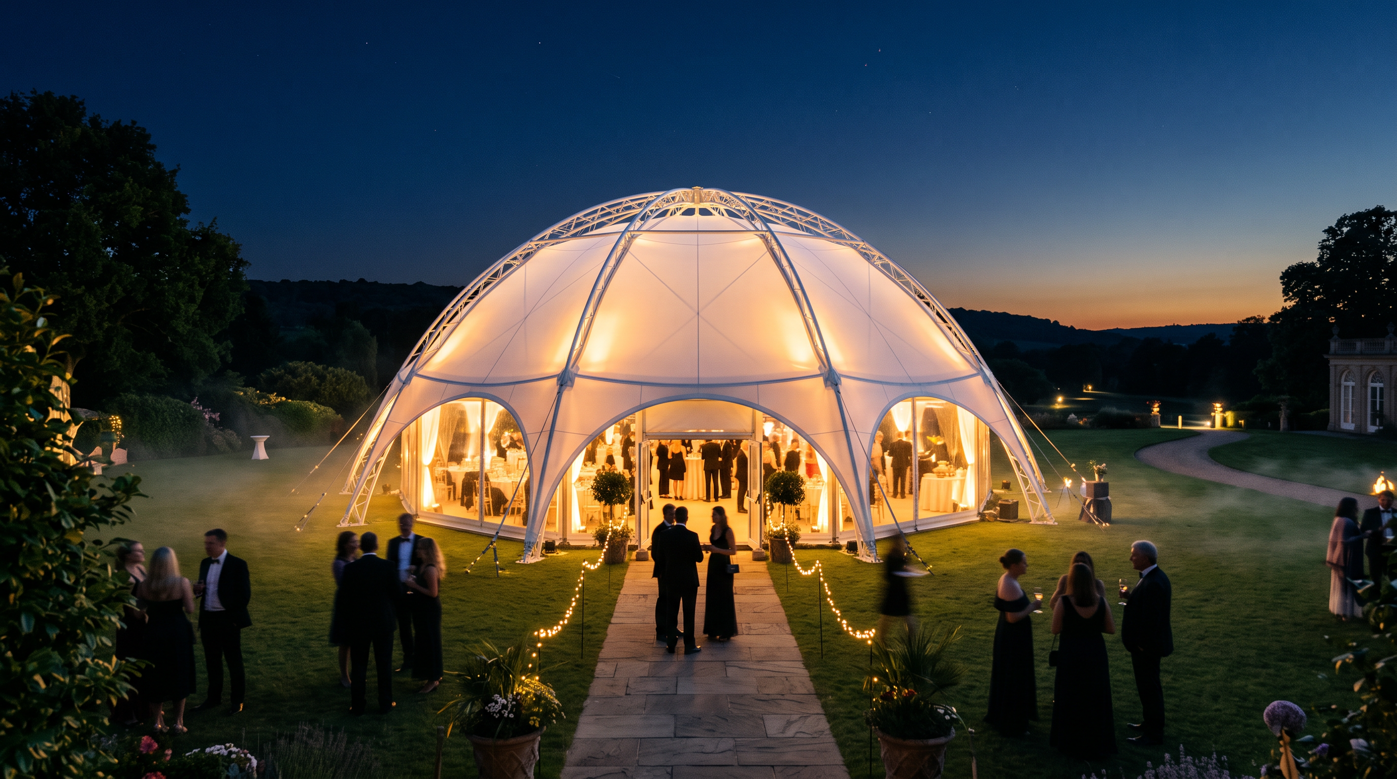 Illuminated dome marquee glowing at dusk during an upscale outdoor event
