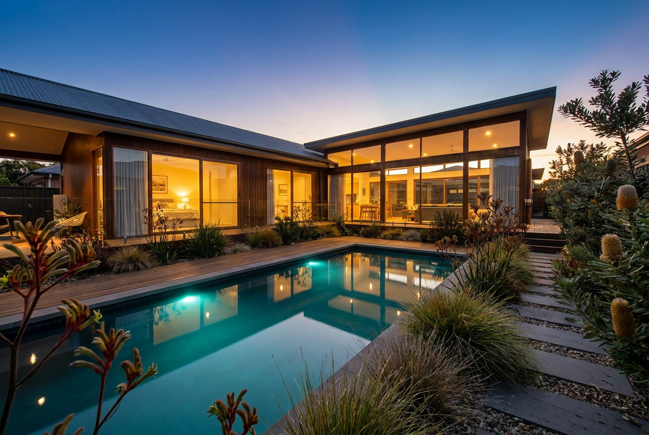 A clean Canberra backyard pool at dusk