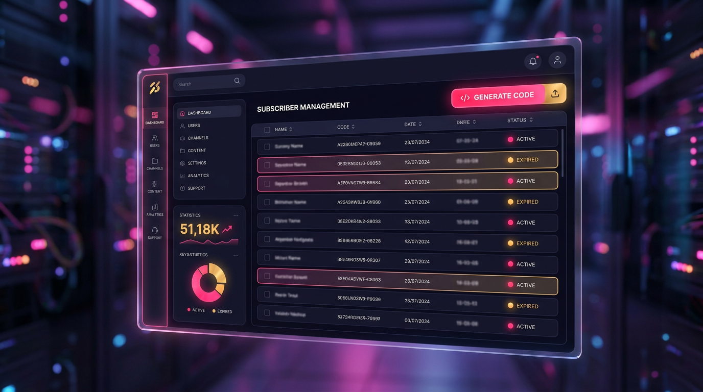 Admin IPTV panel dashboard — subscriber management interface with code generation and analytics