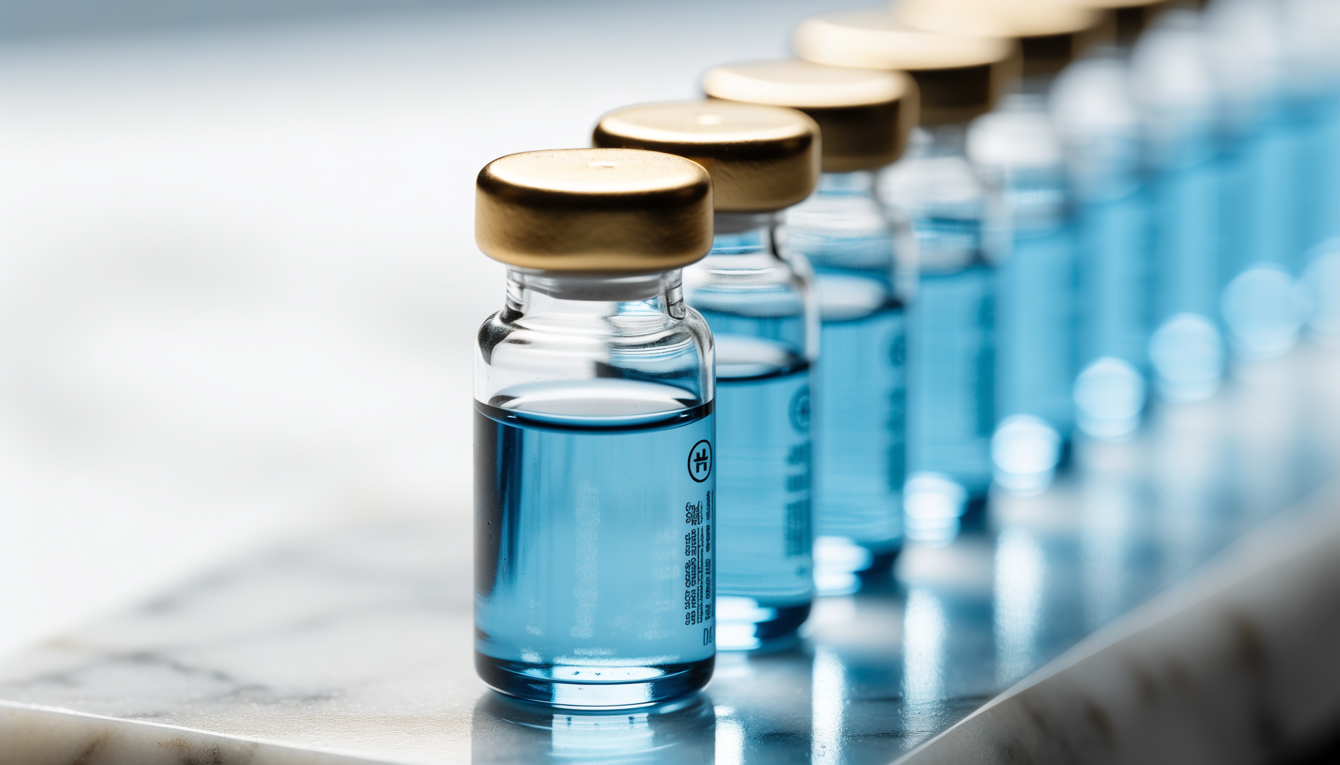 Row of retatrutide vials 10mg product photography on marble