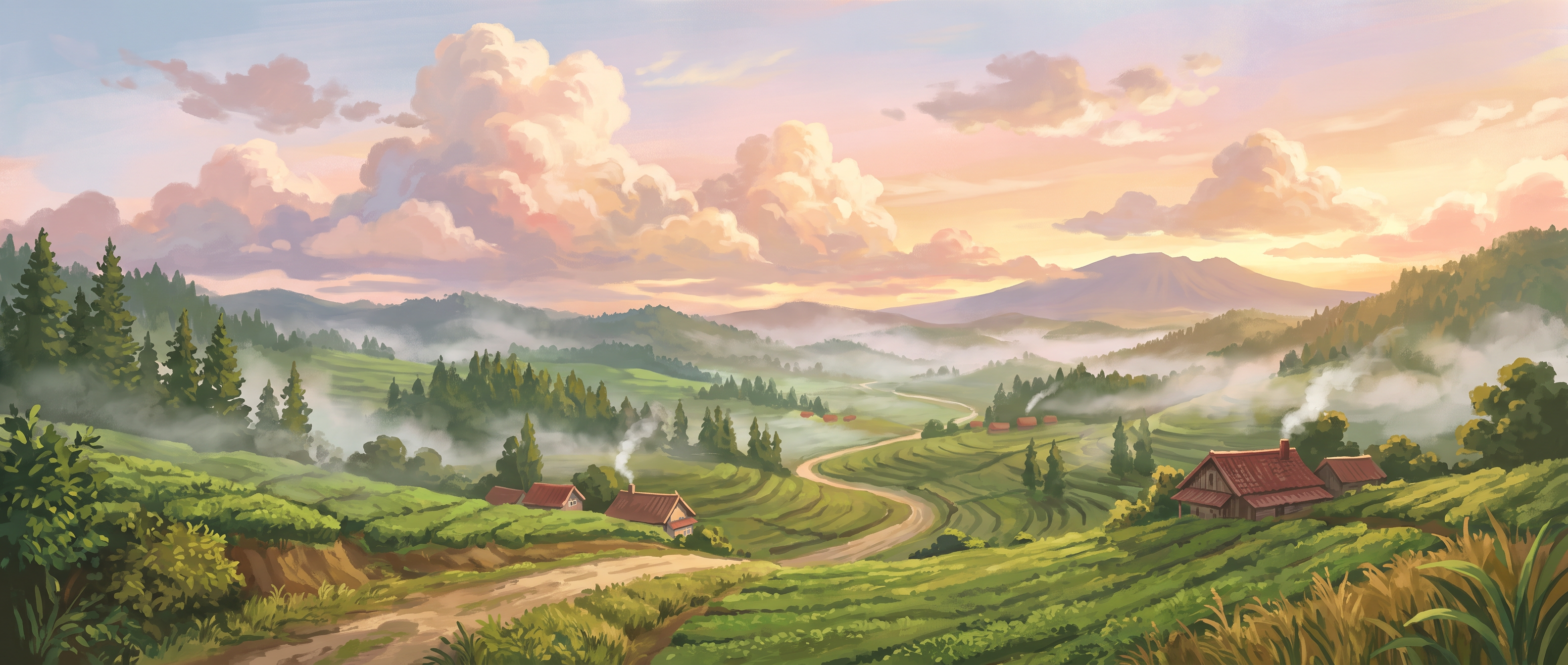 Lembah Lembang berkabut saat matahari terbit, gaya lukisan Ghibli