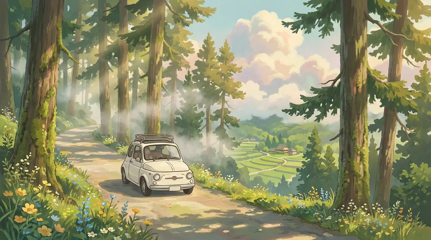 Mobil kecil menanjak melewati hutan pinus menuju Lembang