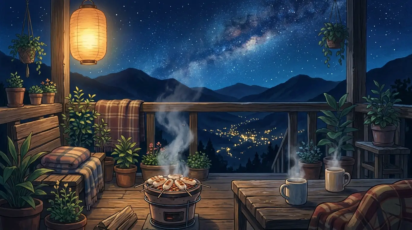 Teras rumah malam hari dengan langit berbintang