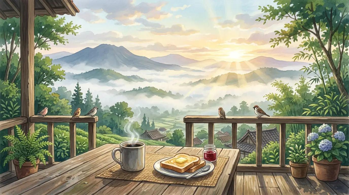 Kopi pagi di teras menghadap lembah berkabut