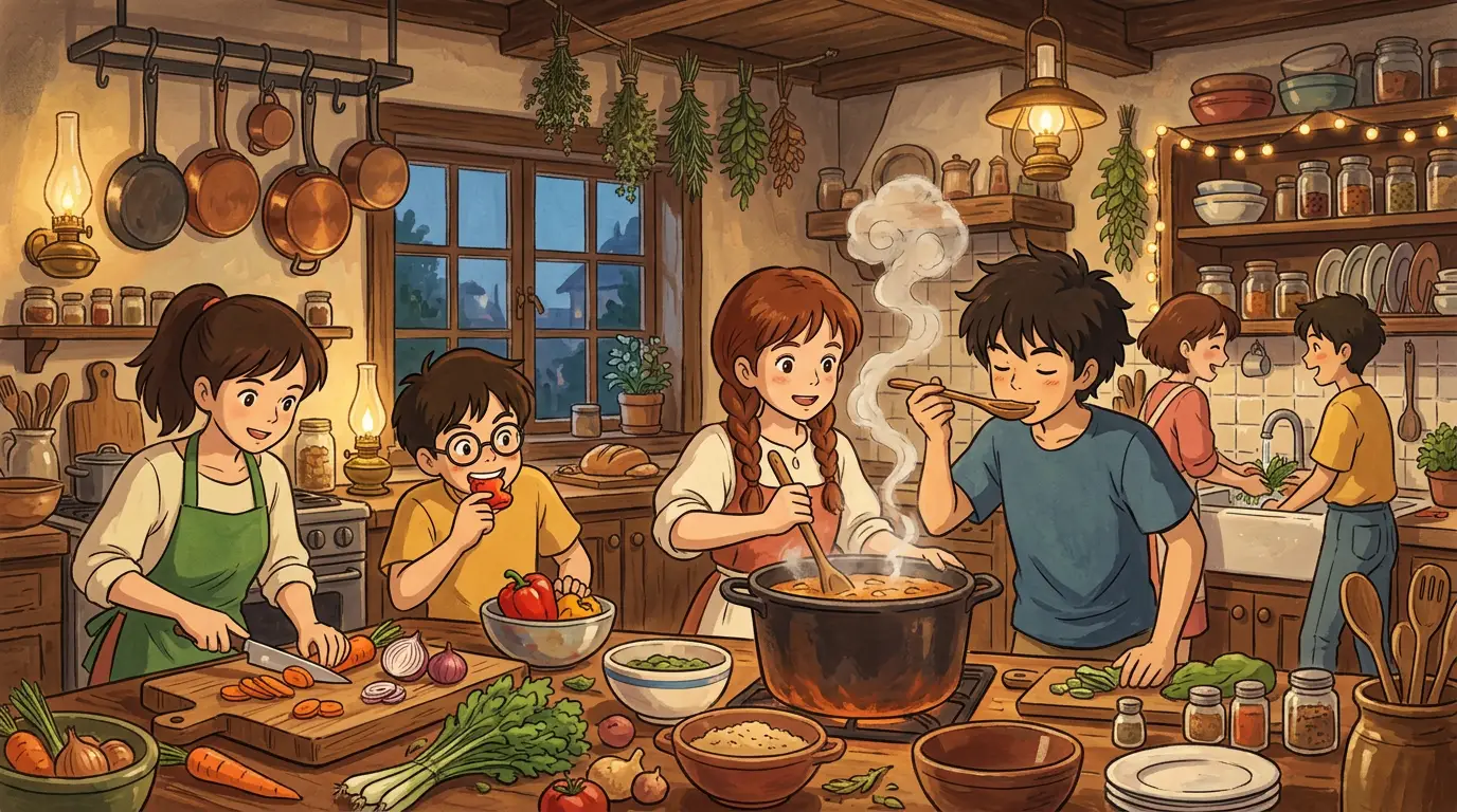 Dapur hangat penuh teman-teman yang masak bersama