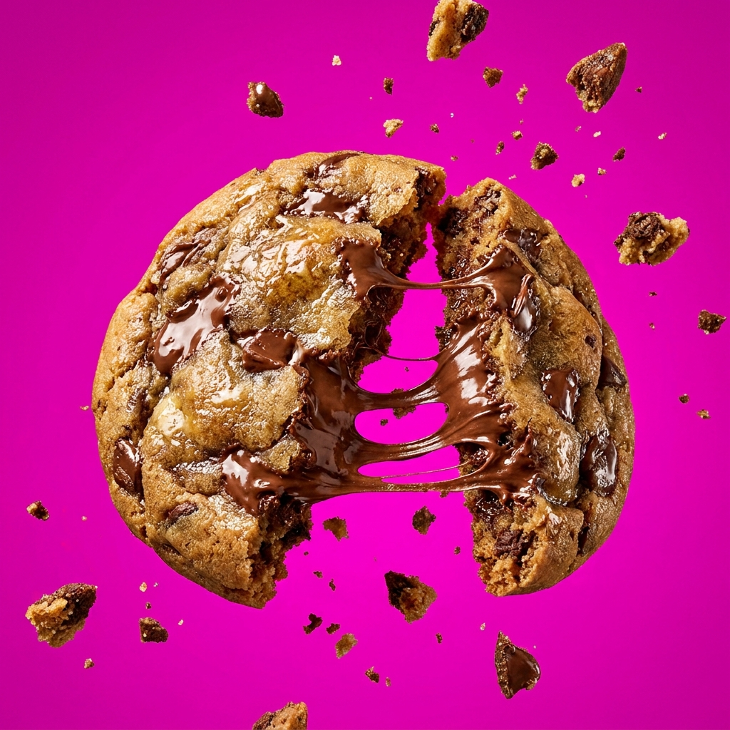 Close up of a fresh chocolate chip cookie breaking apart