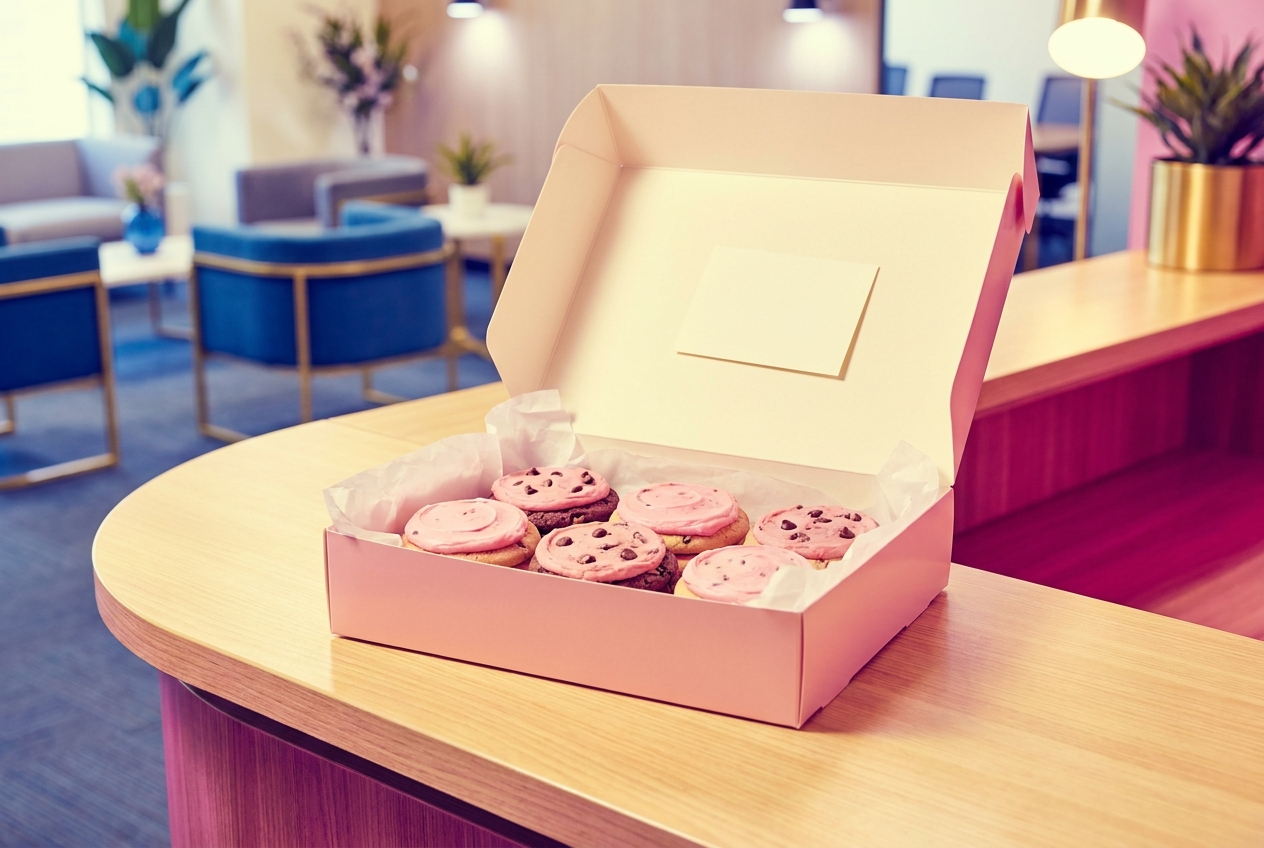 An open pink bakery box of cookies on an office reception desk