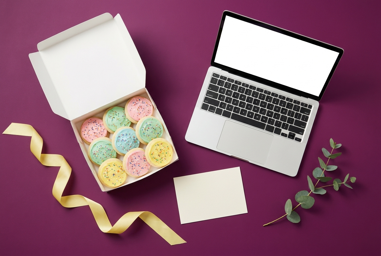 Cookie box on an office desk next to a laptop