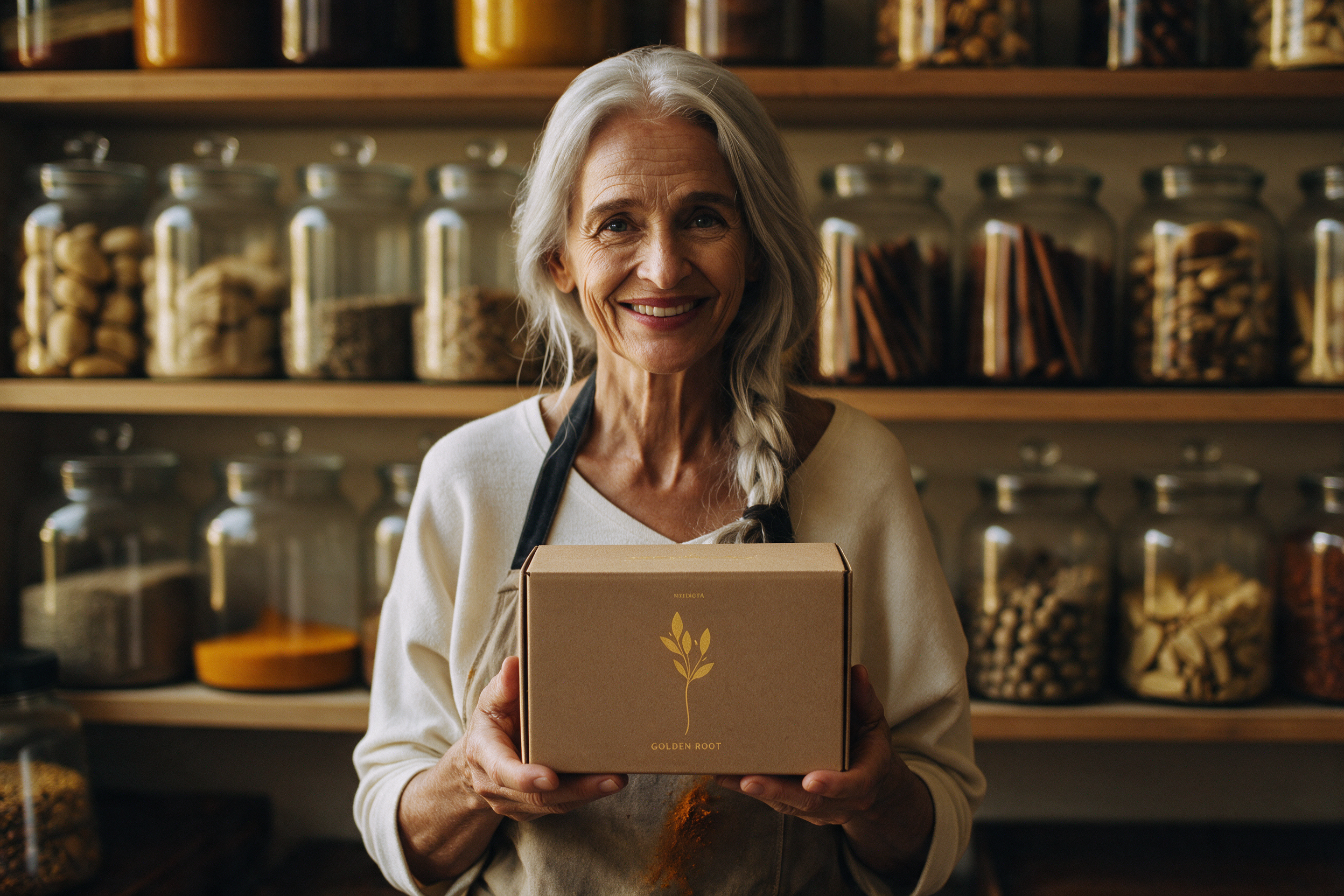 Margit Halvorsen holding a box of Golden Root turmeric tea