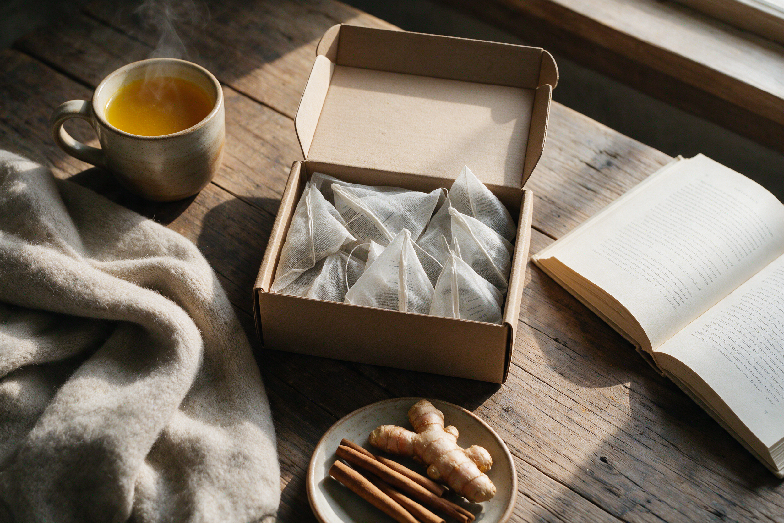 A morning wellness ritual flat lay with a steaming mug of Golden Root tea, the tea box, a blanket and a book
