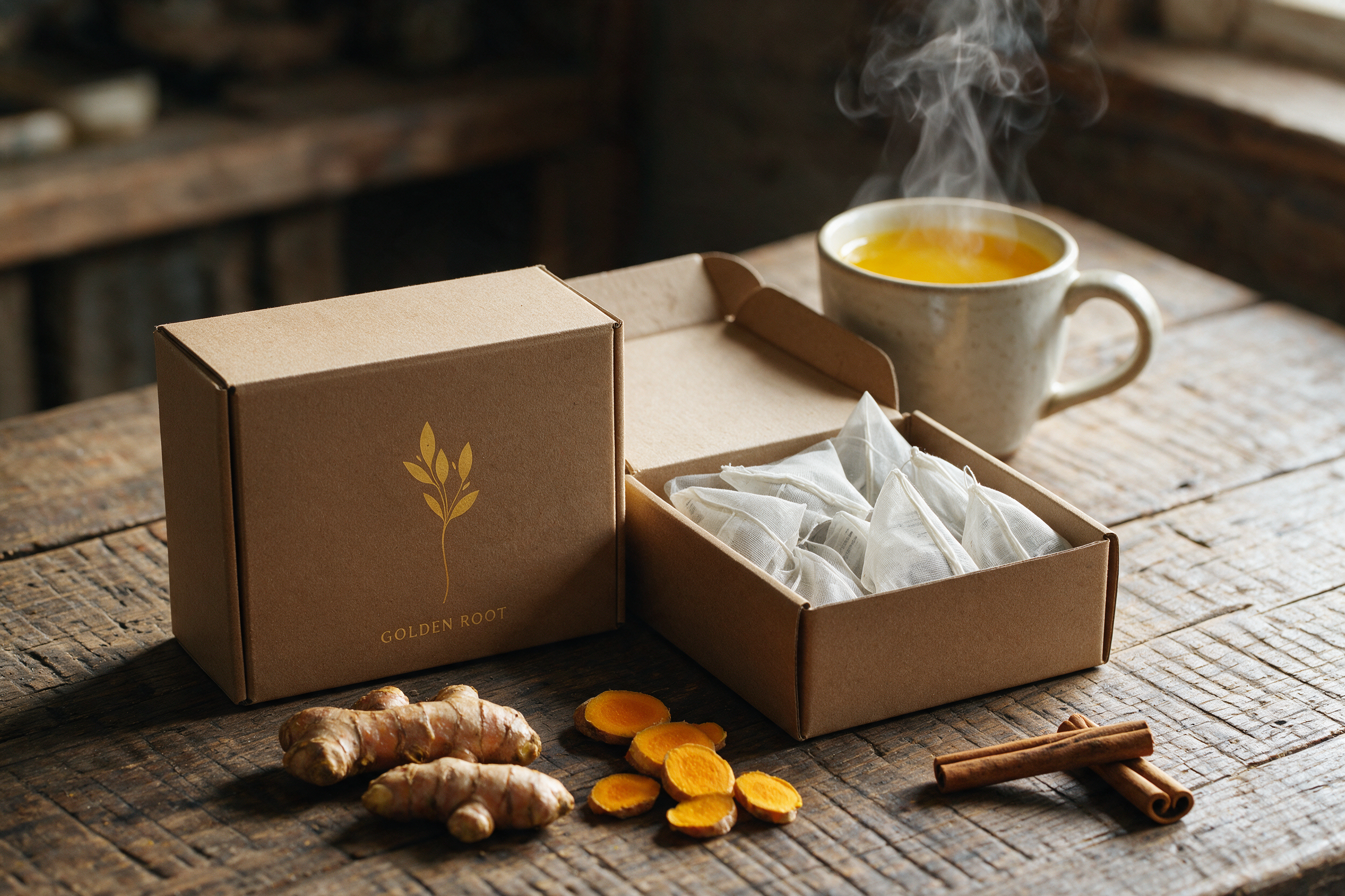 A box of Golden Root turmeric tea next to a steaming mug and whole turmeric root and cinnamon