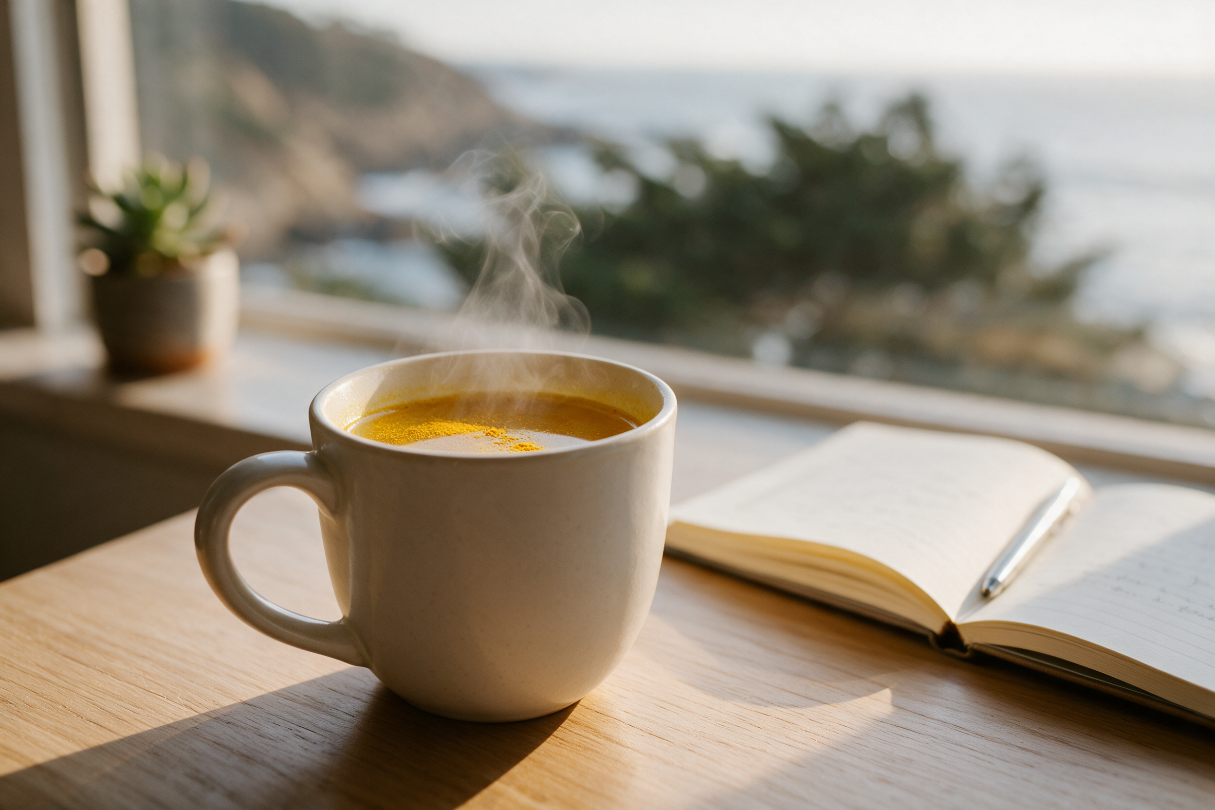 A steaming mug of golden turmeric tea beside a journal on a desk