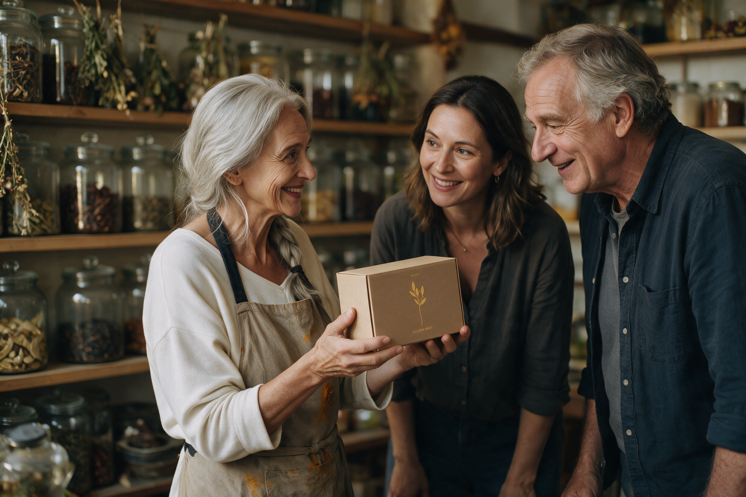 Margit talking with customers in her shop while holding a box of Golden Root turmeric tea