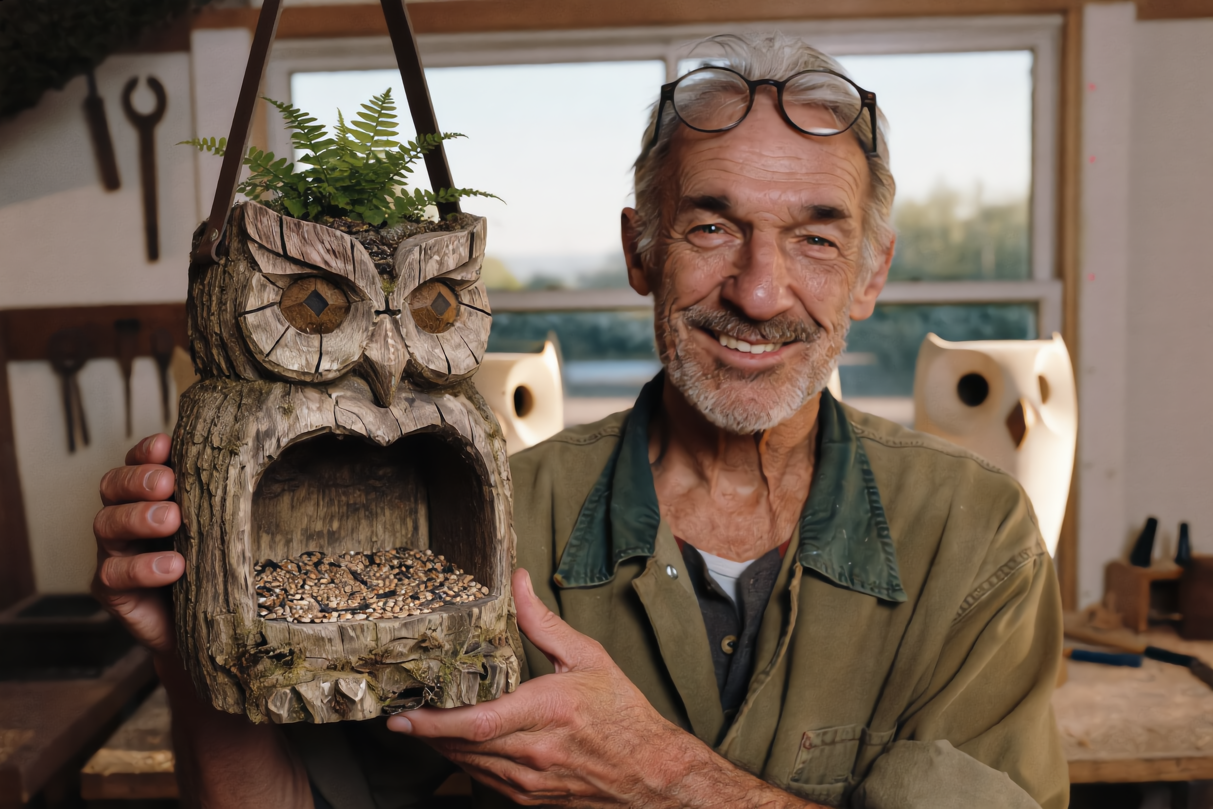 Hank Calloway holding a finished Sentinel Owl Bird Feeder in his workshop