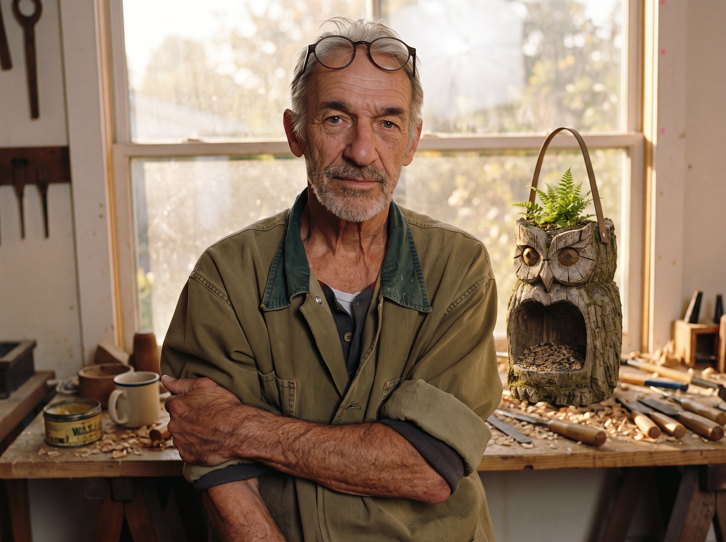 Hank Calloway in his workshop, Mill City, Oregon, with a finished Sentinel Owl Bird Feeder on the bench behind him