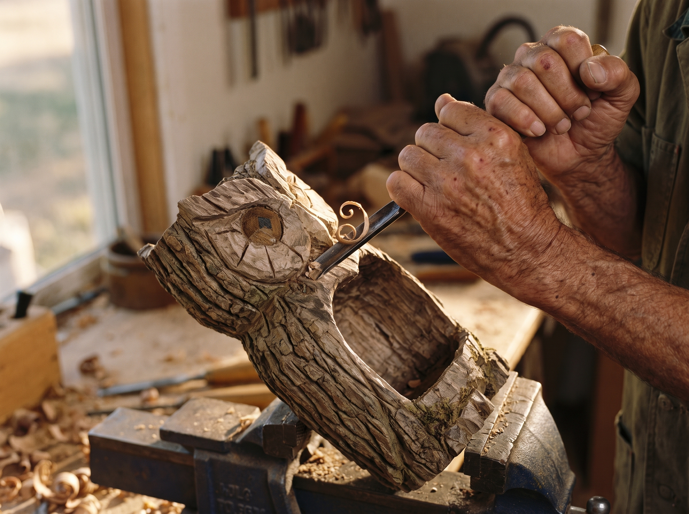 Hank Calloway carving details into a Sentinel Owl Bird Feeder at his workbench