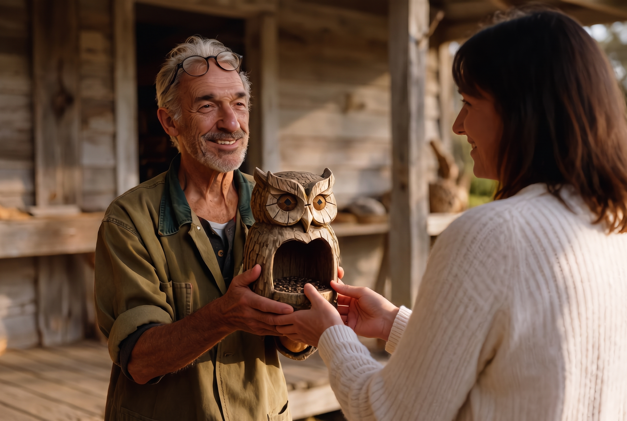 Hank Calloway handing a finished Sentinel Owl Bird Feeder to a customer