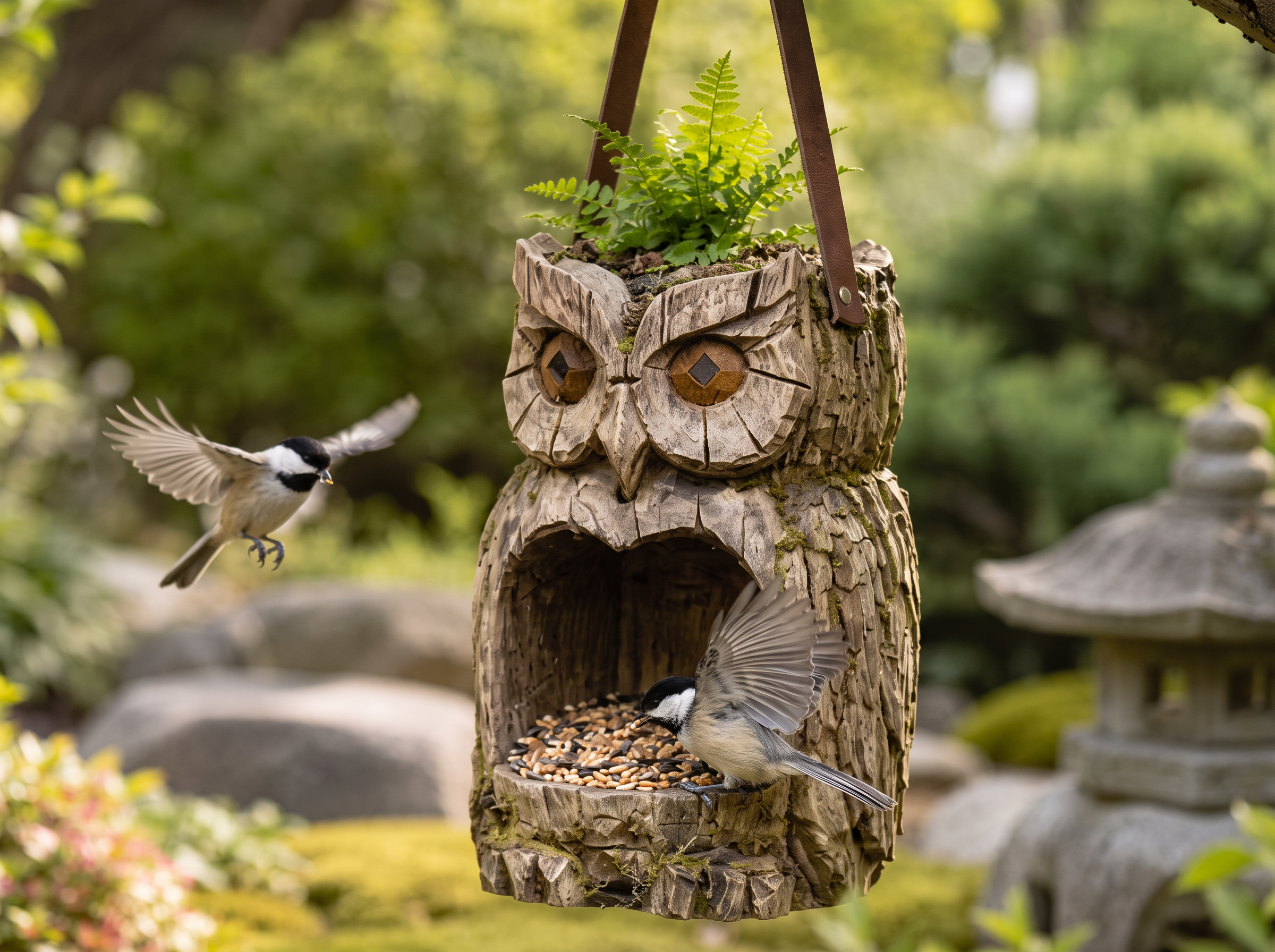 A chickadee perched on the edge of the Sentinel Owl Bird Feeder, feeding on seed