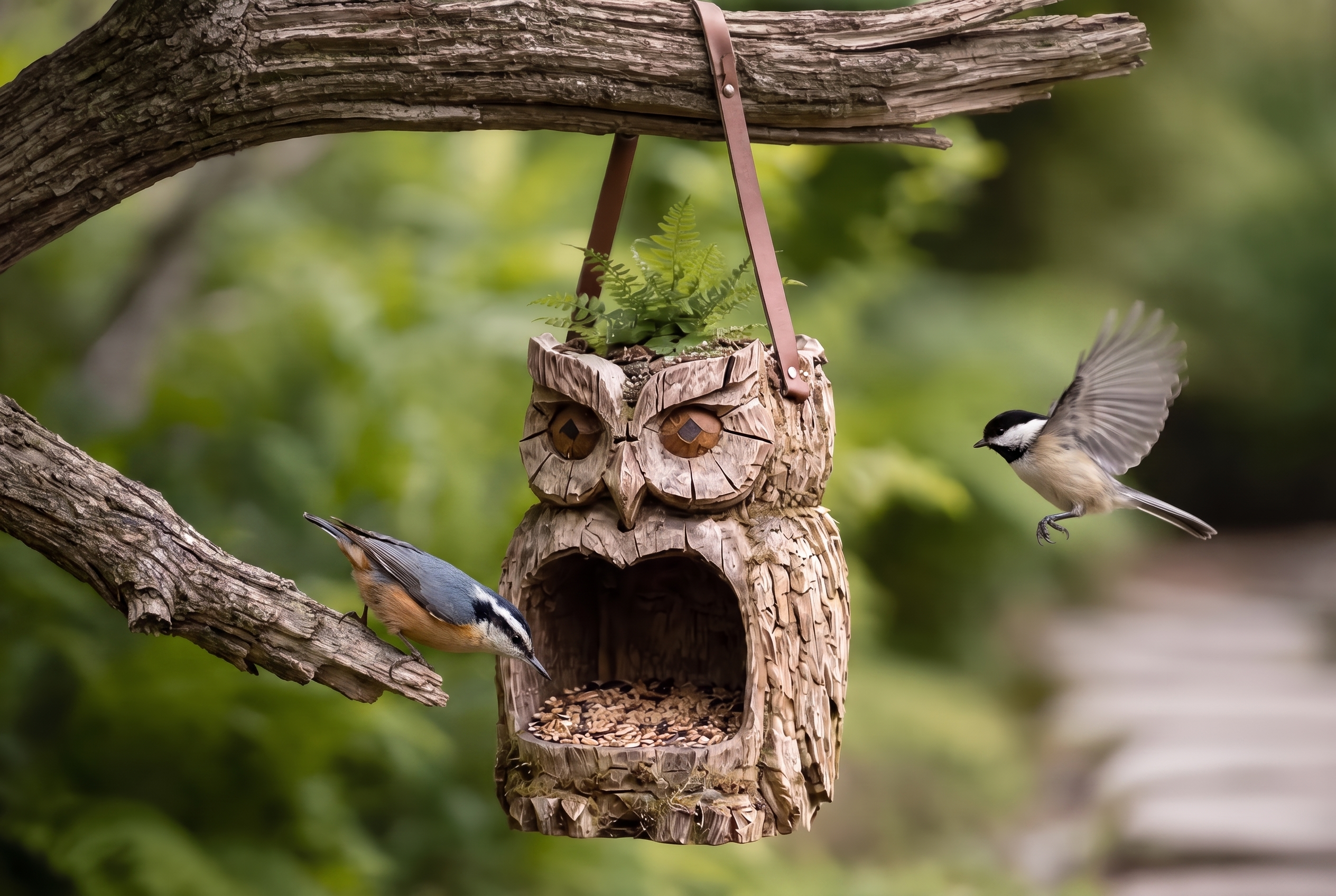 A nuthatch and a chickadee visiting a Sentinel Owl Bird Feeder hanging in a backyard garden