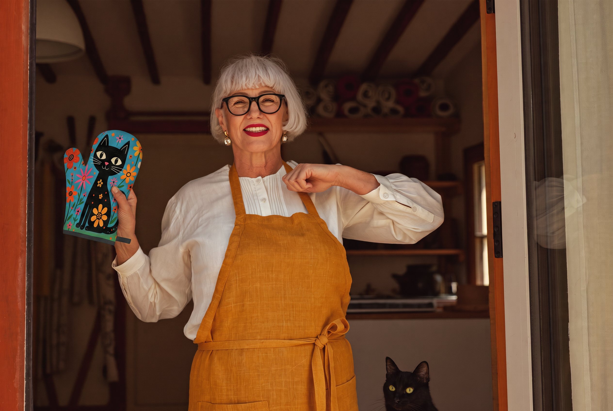 Dot Callahan holding up a Midnight Cat oven mitt in the doorway of her Vermont barn studio, her cat Salem beside her