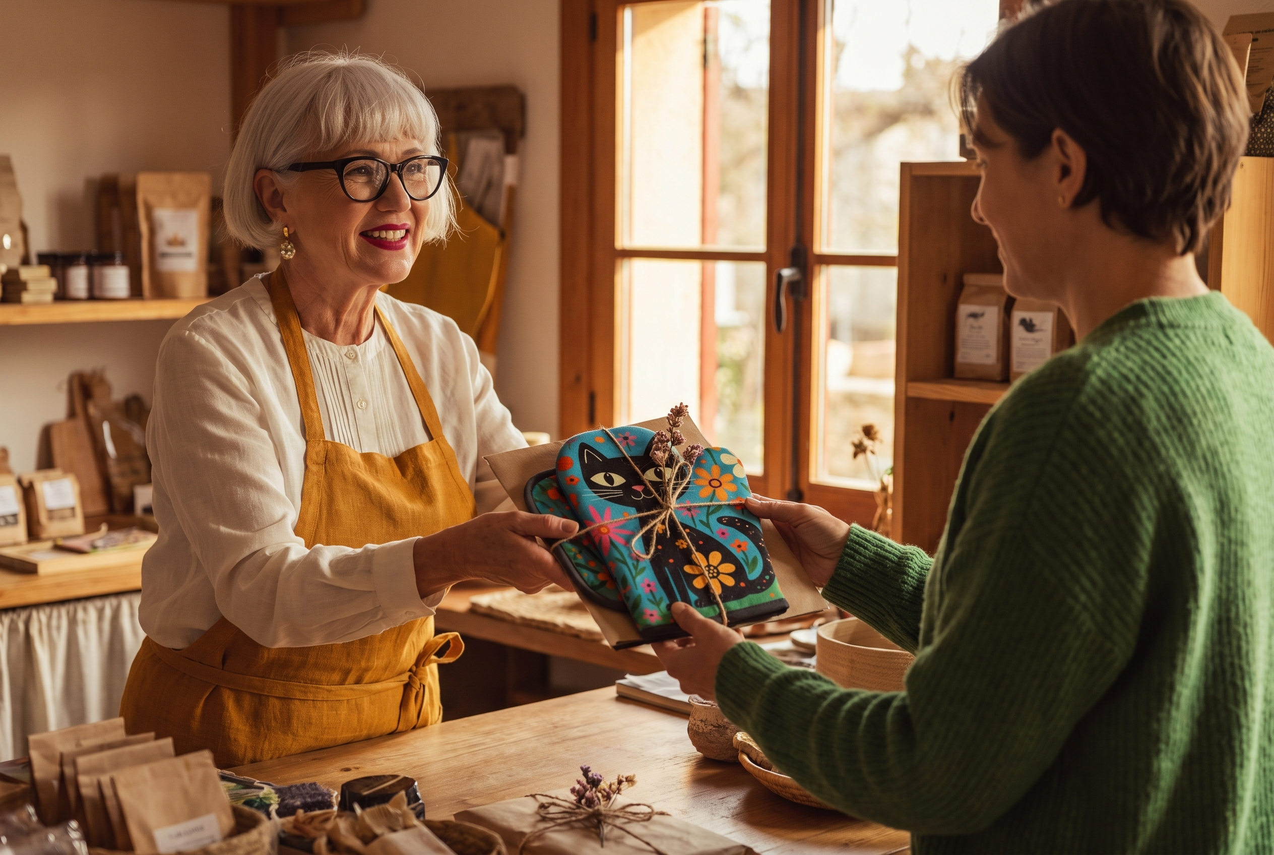 Dot Callahan handing a Midnight Cat oven mitt and potholder set, tied with twine, across the counter to a customer