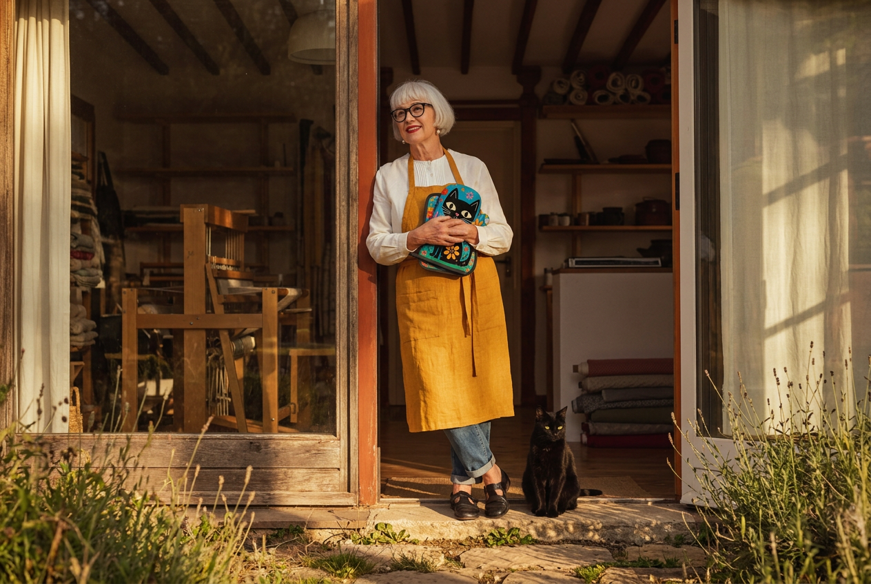 Dot Callahan standing alone in the doorway of her studio at golden hour, holding a folded stack of Hearthstone sets, Salem the cat beside her