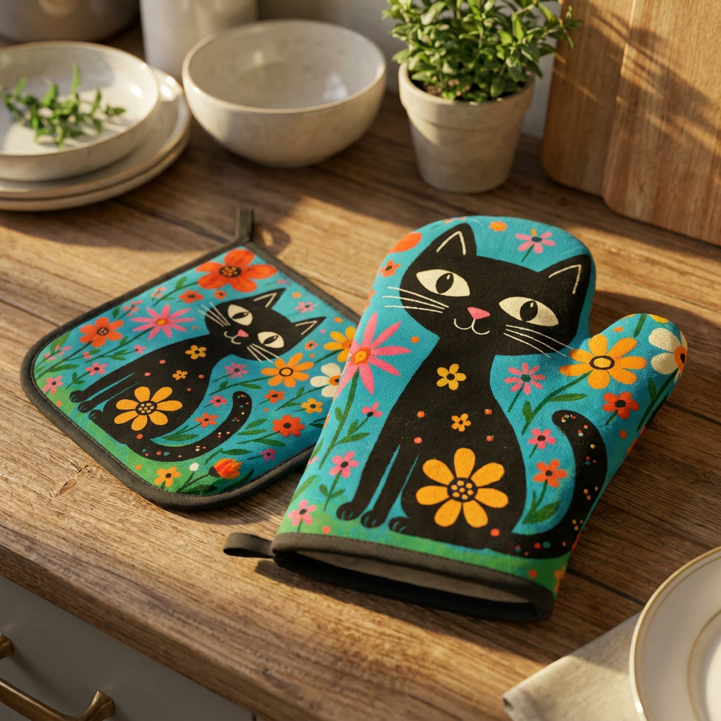 Midnight Cat and Wildflower oven mitt and potholder set