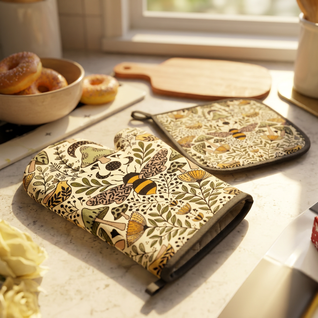 Toadstool and Honeybee oven mitt and potholder set