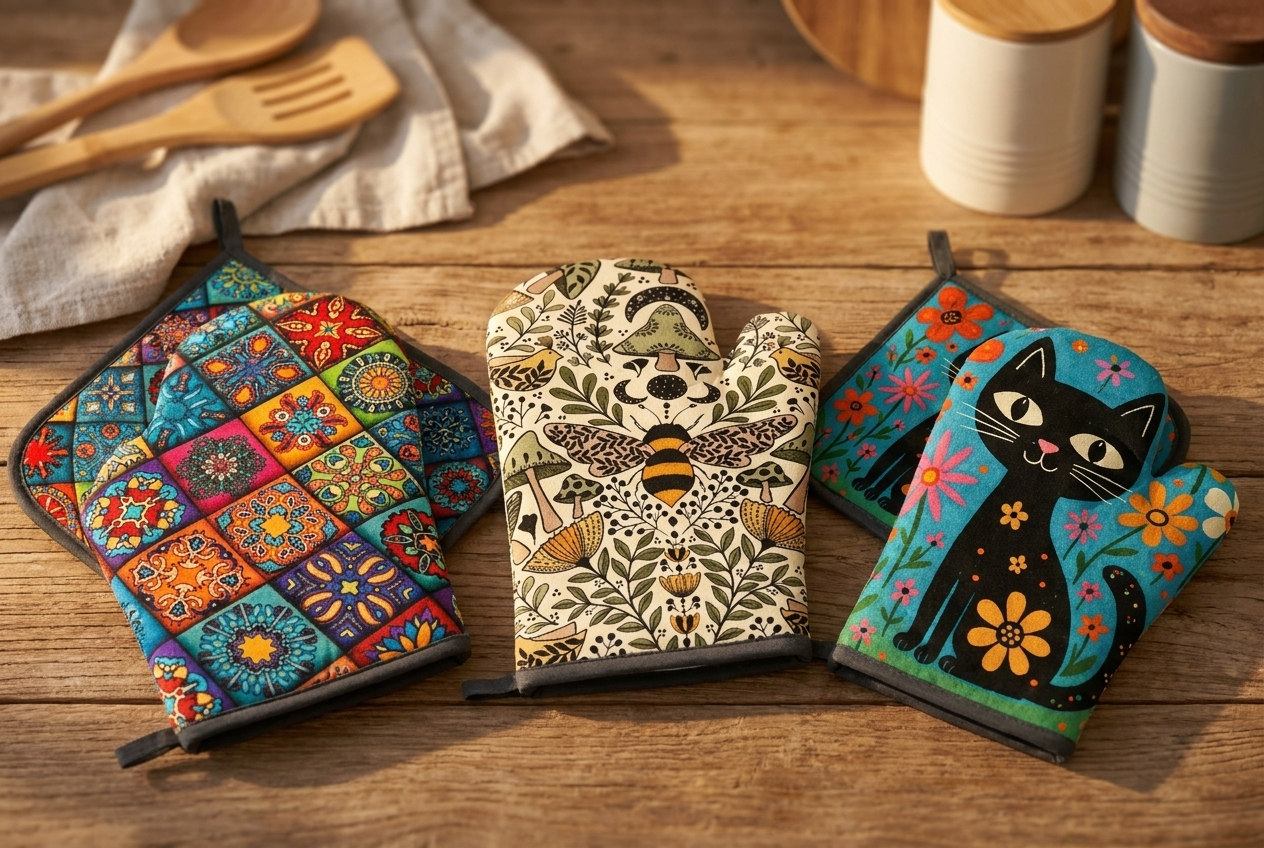 All three Hearthstone oven mitt and potholder sets laid out together on a wood table — Talavera Tile, Toadstool and Honeybee, and Midnight Cat and Wildflower