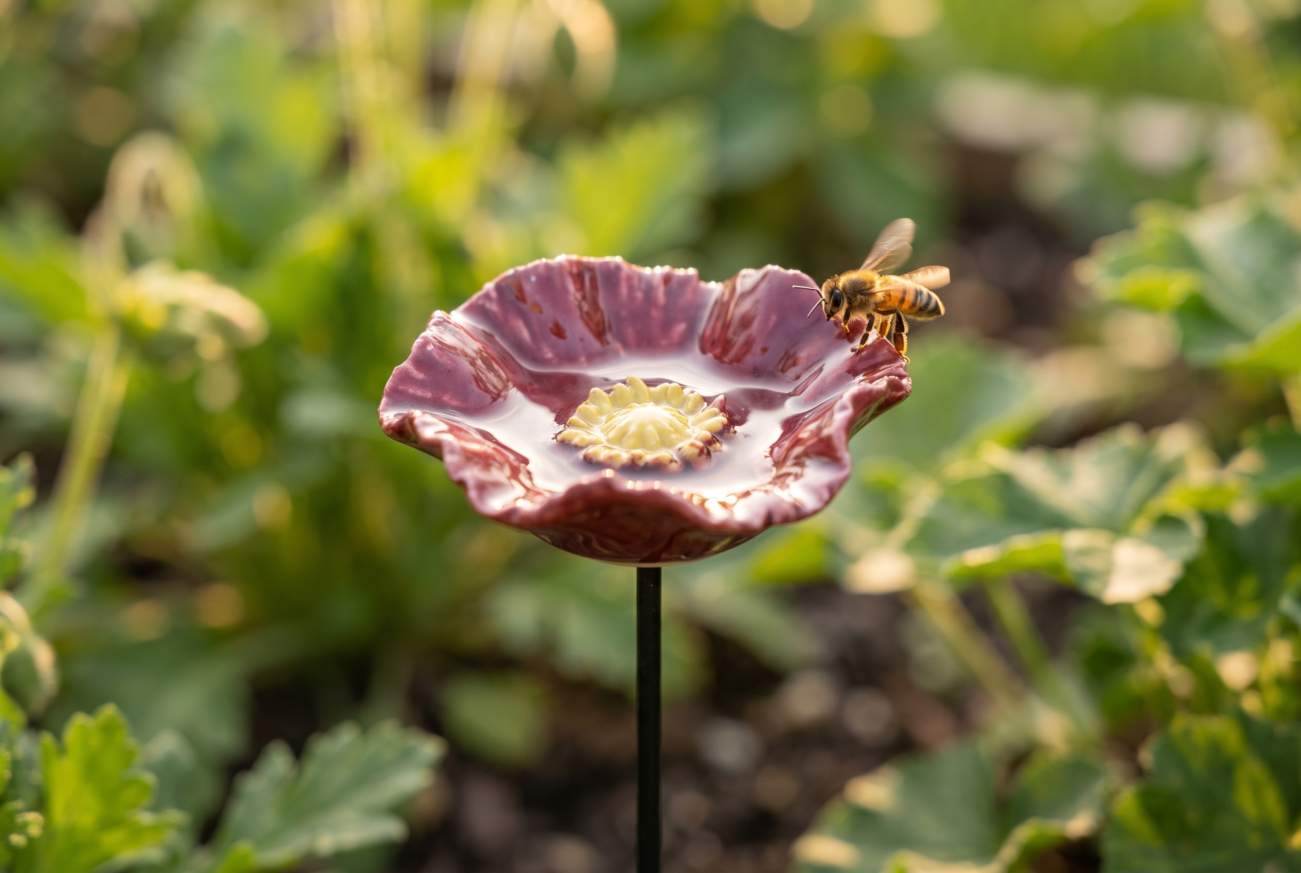 Närbild av ett bi som landar på kanten av en keramisk blomskål