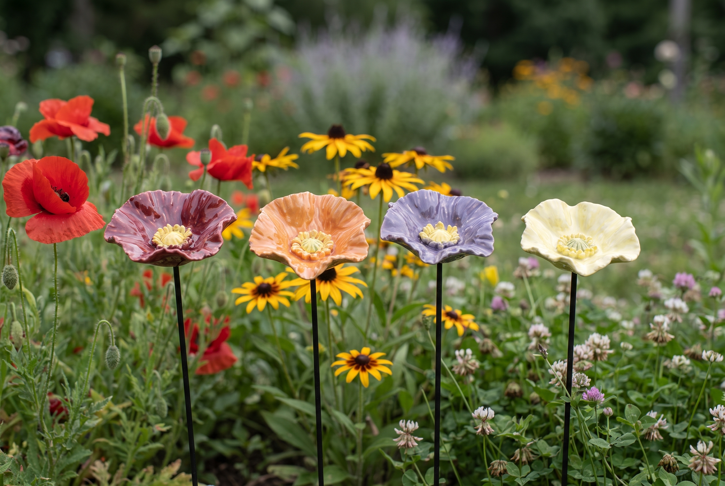 Keramiska vallmoskålar bland riktiga blommor i en rabatt