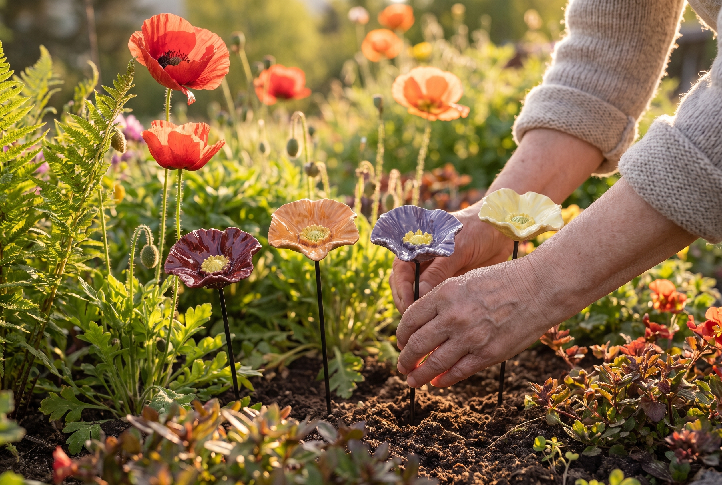 Dots hender setter valmueskålene i blomsterbedet