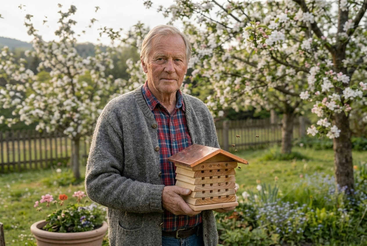 Erik Lindgren håller ett Blomstervakten-bihotell i sin trädgård, äppelträd i blom i bakgrunden