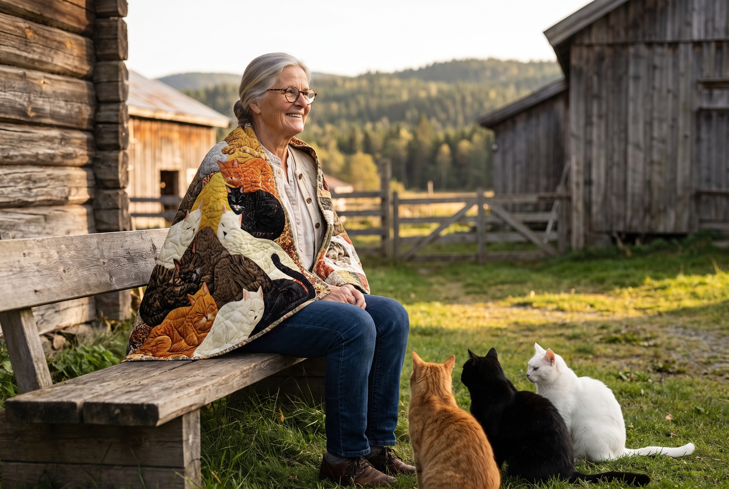 Solveig med Katteflokken-pleddet rundt skuldrene og sine tre katter i hagen